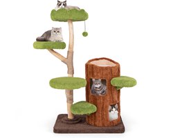 COSTWAY Krabpaal voor katten, kattenboom met twee verdiepingen tellende kattenmand in boomgatvorm, massief hout, kattentoren met jutezuil, ligvlakken, bal en krabplank, kattenkrabpaal, bruin + groen
