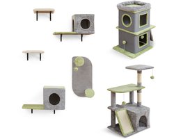 COSTWAY Krabton kattenton, 3 verdiepingen tellende krabpaal, kattenhuis met grote ligstoel, krabplank, 2 kattenholtes & bal, speelton met afneembare hoes, kattenboom, kattenkrabpaal, klimboom, grijs