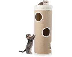 Krabton: COSTWAY Krabton met 4 niveaus, 113 cm hoog, kattenbak met 3 holen, 2 sisal-krabplanken, pluche bed en bamboemat, speelton voor katten, kattenmeubels binnen, kattentoren, kattenboom, krabpaal (bruin)