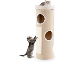 Krabton: COSTWAY Krabton met 4 niveaus, 113 cm hoog, kattenton met 3 holtes, 2 sisal-krabplanken, pluche bed en bamboemat, speelton voor katten, kattenmeubels binnen, kattentoren, kattenboom, krabpaal, naturel