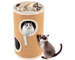 Krabton: COSTWAY Krabton met een diameter van 36 cm, hoogte 59,5 cm, kattenton met sisal-krabplank, 3 kattenholletjes, pluche bed en pluche rand, krabpaal met 4 verdiepingen, voor kleine en middelgrote katten