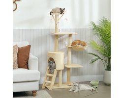 Krabpaal: COVREO Krabpaal 60 x 35 x 134 cm beige, van polyester met huisje en hangmat