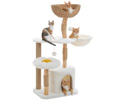 Krabpaal: CreateEcom Krabpaal - kattenboom - krabmeubel - Moderne Krabpaal - voor Binnenkatten - Massief Houten Kattentoren met Luxe Kat Condo - Gezellige Hangmat - Bloem Kat Bed - Kattenspeelgoed - wit