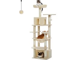 CYRO - Krabpaal - Krabpaal voor katten - Krabpaal voor grote katten - Grote Krabpaal - Binnenkatten - Ruime hangmat - Gewatteerde zitstokken - Kattenspeelgoed - 164cm hoog - Beige