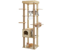 Krabpaal: DailyDamaar krabpaal voor katten - Kattenboom - Kattenmeubel - Kattentoren - Indoor - 56.5x52.5x33cm - Hout - Beige - Met hangmat