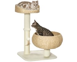 Daity 1 krabpaal, 2 kattenmandjes met verwijderbare en wasbare matten, 2 krabpalen, 1 kattenbal, 48 x 48 x 72 cm (beige + crèmewit)