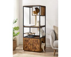 Krabton: Deliqa 3 in 1 kattenboom kast - kattenbak meubel - 4 niveaus - vintage bruin - kast - kattenhuis met voerbak - kattenbak kast - 61 x 50 x 146 cm - met magnetische sloten