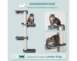 Krabpaal: DESMIU Krabmeubel – Wandmontage Met 4 Niveaus – 66 x 28 x 137 cm – MDF, Sisal en Stof – Lichtgrijs – Voor Klimmen, Krabben en Rusten