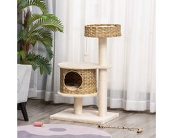 Krabpaal: DESMIU Krabpaal – Met Kattenhuis En Hangbal – 55 x 47 x 95 cm – Spaanplaat, PE Rattan En Sisal – Naturel – Voor Krabben, Rusten En Spelen