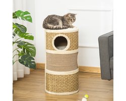 Krabton: DESMIU Krabton – 3 Niveaus Met Sisal Krabmat – 37,5 x 37,5 x 70 cm – Hout Pluche Sisal – Bruin – Rusten Krabben Verstoppen