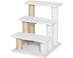 Dierenladder met duurzame krabpaal, speelbal en 3-traps ontwerp, zachte pluche bekleding, comfortabele klimondersteuning voor oudere katten en honden tot 5 kg, 45x40x48cm Wit, beschermt gewrichten en bevordert mobiliteit.