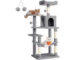 DIMICO - Krabpaal voor katten - Kattenboom - Krabtoren - Lichtgrijs - Klimboom kat - 143cm - Met zachte hangmat - 4 krabpalen