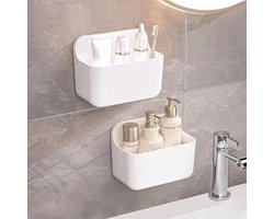 Doucheplank zonder boren - 2 stuks wandmontage van kunststof - Badkamerrek organizer - Shampoo douchegelhouder - Douchemand zonder boren - Wit - Voor badkamer keuken - Kleine mand