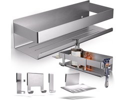 Doucheplankenset 5-in-1 roestvrijstalen doucheplank zonder boren mat geborsteld met scheerapparaathouder, douchewisserhouder, zeepbakje en haken - badkamerorganizer