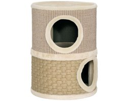 Dubbele Kat Krabton 35,5x35,5x49 cm Beige + Bruin met Duurzaam Krabmat en 2 Zachte Pluche Kattenmanden – Dubbele Functie voor Rust en Krabben, Geschikt voor Thuis en Dierenkamer