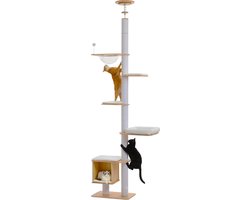 Krabpaal: EcoPawPaw Verstelbare Plafond Kattenboom 225-284 cm - Krabpaal met Kattenhuis, Transparante Hangmand, Sisalpalen en Ligplateaus voor Grote Katten