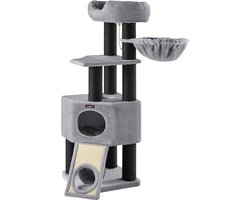 ElevateCommerce – FEANDREA Krabpaal 141 cm Kattenboom Extra Stevig met Dikke Kolommen, Hangmat & Huisje – Stabiel met Kantelbeveiliging – Grijs