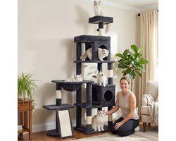 Krabpaal: Enorme Kattentoren 173Cm, Voorzien van 5 Krabpalen, 2 Kattenhokken en 1 Hangmat, Gemaakt met Sisal Touw, Afmetingen 90*45*173Cm, donkergrijs