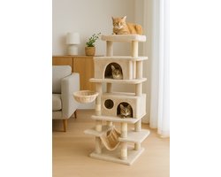 extra grote Krabpaal voor Katten – Extra Grote Kattenboom met Meerdere Verdiepingen, Krabvlakken & Slaapplekken – Tot 165 cm Hoog – Voor Binnenkatten – Crème-Wit – Inclusief Speelhuis & Hangmat – Stevig & Zacht- krab paal- dieren speelgoed
