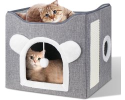 Famanu – kattenhuis voor binnen, Opvouwbaar Kattenbed met 2 zachte wasbare kussens, hangende bal, krabplank, Kattenmand voor de winter met gezellig kussen, 40 x 40 x 39 cm [Energieklasse A]