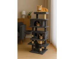 Fameilleur extra grote Krabpaal voor Katten – Extra Grote Kattenboom met Meerdere Verdiepingen, Krabvlakken & Slaapplekken – Tot 165 cm Hoog – Voor Binnenkatten – antraciet– Inclusief Speelhuis & Hangmat – Stevig & Zacht- krab paal- dieren speelgoed