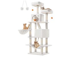 Feandrea Cat Tree Large 168cm High L Scratching Post with 13 Scratching Posts, 2 Platforms, 2 Caves, Basket, Hammock, Plush Balls, Multilayer Scratching Post, Cream White PCT165T01
