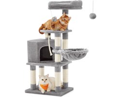 Feandrea Kattenboom - Hoogte 110 cm - Krabpaal voor katten met basis - 9 krassen - 1 platform - 1 hol - 1 hangmat - 1 pompon - 1 touw - Pluche - Meertraps - Lichtgrijs Krabpaal
