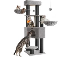 Feandrea Kattenkrabpaal met zelfverwarmende dekens voor grote katten, krabpaal, 2 kattenborstels, 9 stammen diameter 11,3 cm dik, grote platforms, hol 50 x 50 x 160 cm, duifgrijs / zwart PCT003W01
