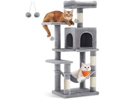 Feandrea krabpaal, 112 cm hoog, kattenboom, kattenhuis met meerdere verdiepingen, met 4 krabpalen, 2 platforms, hangmat, grot, lichtgrijs