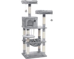 FEANDREA krabpaal 143 cm, stabiele krabpaal met kattenhuis, lichtgrijs PCT15W