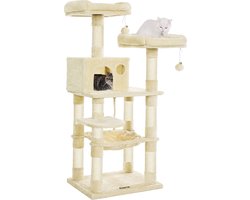 Feandrea Krabpaal 143 cm - Stevige Kattenboom - met Kattenhuis - ligplekken en krabplekken - beige