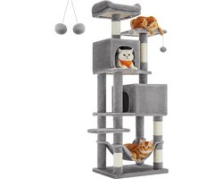 Feandrea Krabpaal, 155 cm hoog, kattenboom met 5 krabzuilen, 2 platforms, 2 kattenholletjes, hangmat, 2 pluche ballen, pluche, meerlaags design, lichtgrijs