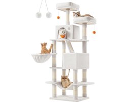 Krabpaal: Feandrea Krabpaal Grote 168 cm Hoge L Krabpaal met 13 Krabpalen, 2 Platforms, 2 Grotten, Mand, Hangmat, Pluche Ballen, Meerlaagse Krabpaal, Crème Wit