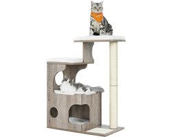 Krabpaal: Feandrea - Krabpaal - Houten Krabpaal voor Katten - Met Huisje en Ligplatforms - Wasbare Pluche Kussens