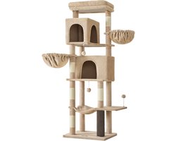 Krabpaal: Feandrea - Krabpaal - Kattenboom - Voor Katten - 175 cm Hoog - 2 Grotten - 2 Hangmatten - 5 Krabpalen