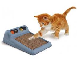 flipper - kattenkrabpaal met karton - +- 30 x 40 x 12 cm grijs - voorzien van 2 balletjes in speelgaten - plezier voor uw kat