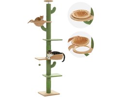 Flolife - Cactus Krabpaal voor Katten – In Hoogte Verstelbare Kattentoren Vloer tot Plafond met Hangmat, Krabpalen en Speelballetje