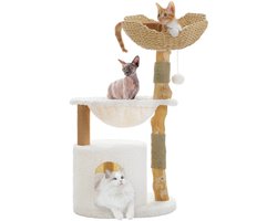 Flolife - Moderne Kattenboom van Natuurlijk Hout – Luxe Kattentoren met Grote Rieten Mand - Ruim Appartement & Diepe Hangmat voor Binnen