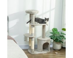Krabpaal: FloraGrace Krabpaal &ndash; 114 cm &ndash; Meerdere Niveaus Met Kattenhuisje En Sisalstammen &ndash; Polyester &ndash; Lichtgrijs &ndash; Voor 1 Tot 2 Katten Met Speelbal