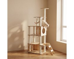 FurAliens Krabpaal met 360° Transparante Capsules 93x40x157 – Kattenkrabpaal Beige – Krabpaal Hout - Hygiënisch - Luxe Design Kattenmeubel - Krabpaal voor Katten