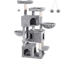 FurnStar - Kattenboom - Krabpaal met 3 kattenhuisjes - 164 cm kattentoren - Grote krabpaal - 55x40x164 cm - Lichtgrijs