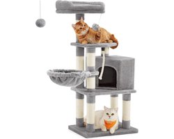 FurnStar - Krabpaal - 110 cm kattentoren voor binnenkatten - pluchen kattenhuis met krabplank - 9 krabpalen - zitstok - grot - ontwerp met meerdere niveaus - Grijs