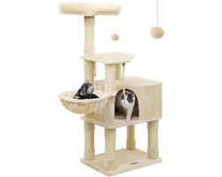 FurnStar - Krabpaal - 138 cm kattentoren voor binnenkatten - pluchen kattenhuis met krabplank - 9 krabpalen - zitstok - grot - ontwerp met meerdere niveaus - beige