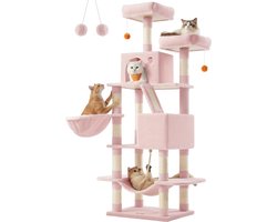 FurnStar - Krabpaal - 168 cm grote kattentoren met 13 krabpalen - 1 Krabplank - 2 Zitstokken - 2 groten - Mand - Hangmat - Pompons - Pluche Kattenappartement met meerdere niveaus voor binnenkatten - Roze