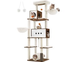 FurnStar Krabpaal Groot – 197 cm Hoog – Kattenboom XXL met Meerdere Verdiepingen – 2 Holtes, 2 Ligkommen, 4 Krabpalen, Tunnel en Platforms – Kattenhuis in Vintagebruin