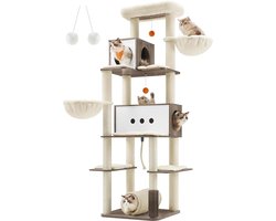 FurnStar - Krabpaal groot - 197 cm hoog - kattenboom XXL - modern - kattenhuis met meerdere verdiepingen met 2 holtes - 2 ligkommen, 4 krabpalen - kattenborstel - tunnel - platforms - grijsbeige