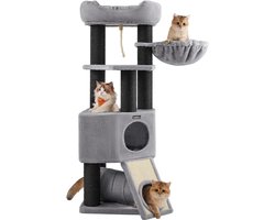 FurnStar - Krabpaal groot - Kattenboom met donzig uitkijkplatform - Bank en knuffelgrot - Kattentoren - Extra dikke stammen volledig omwikkeld met zwarte sisal - Stal - Lichtgrijs