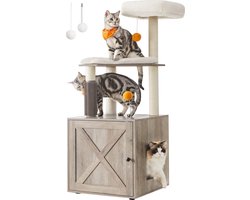FurnStar - Krabpaal - Met Kattenbakkast - 2 in 1 Moderne Kattenboom - 134 cm - Krabpaal voor Katten - Krabpalen - Met Roomer - Krabzuilen - Wasbare Kussens - Katten Platform - Grijs