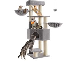 FurnStar - Krabpaal - met Zelfverwarmende Deken - Voor Grote Katten - Kattenboom - 2 Kattenborstels - Brede Platforms - Hol - 50 x 50 x 160 cm, Duifgrijs Creme