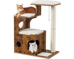 FurnStar - Krabpaal - Middelgrote kattenkrabpaal met 3 ligvlakken en grot - Krabpaal van MDF met houtfineer - Sisalstam - Wasbare pluche kussens - 66x42x88 cm - Bruin